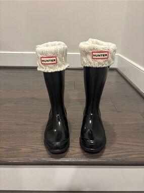 Hunter Kids Black Rain Boots with Cream Knit Cuffs